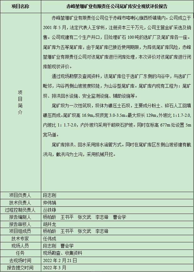 赤峰堃堋礦業(yè)有限責任公司尾礦庫安全現(xiàn)狀評價報告