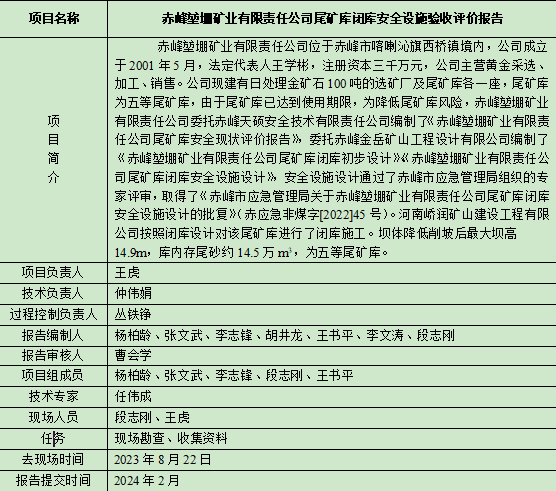 赤峰堃堋礦業(yè)有限責任公司尾礦庫閉庫安全設(shè)施驗收評價報告